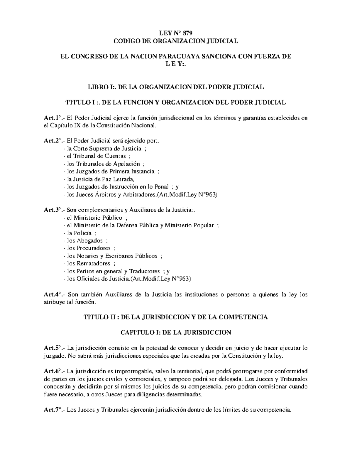Código de Organización Judicial - Ley N° 879 en Paraguay - Studocu