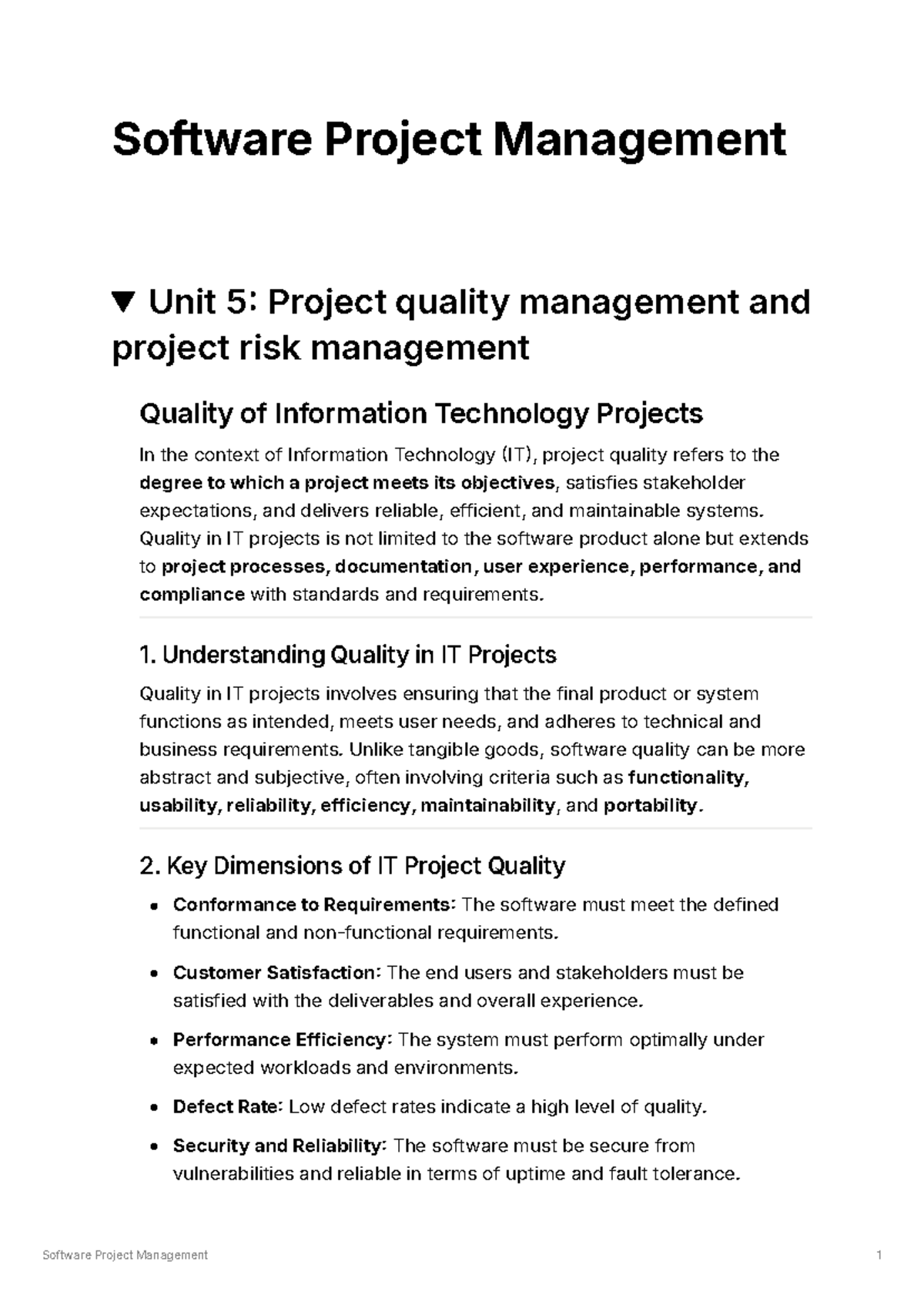 SPM 5: Project Quality & Risk Management in IT Projects - Studocu