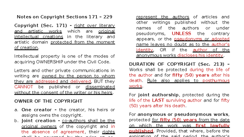 Copyright Law Overview: Sections 171-229 Notes - Studocu