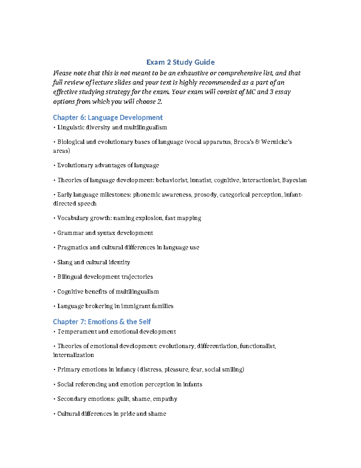 Exam 2 Study Guide: Language Development & Emotions Topics - Studocu