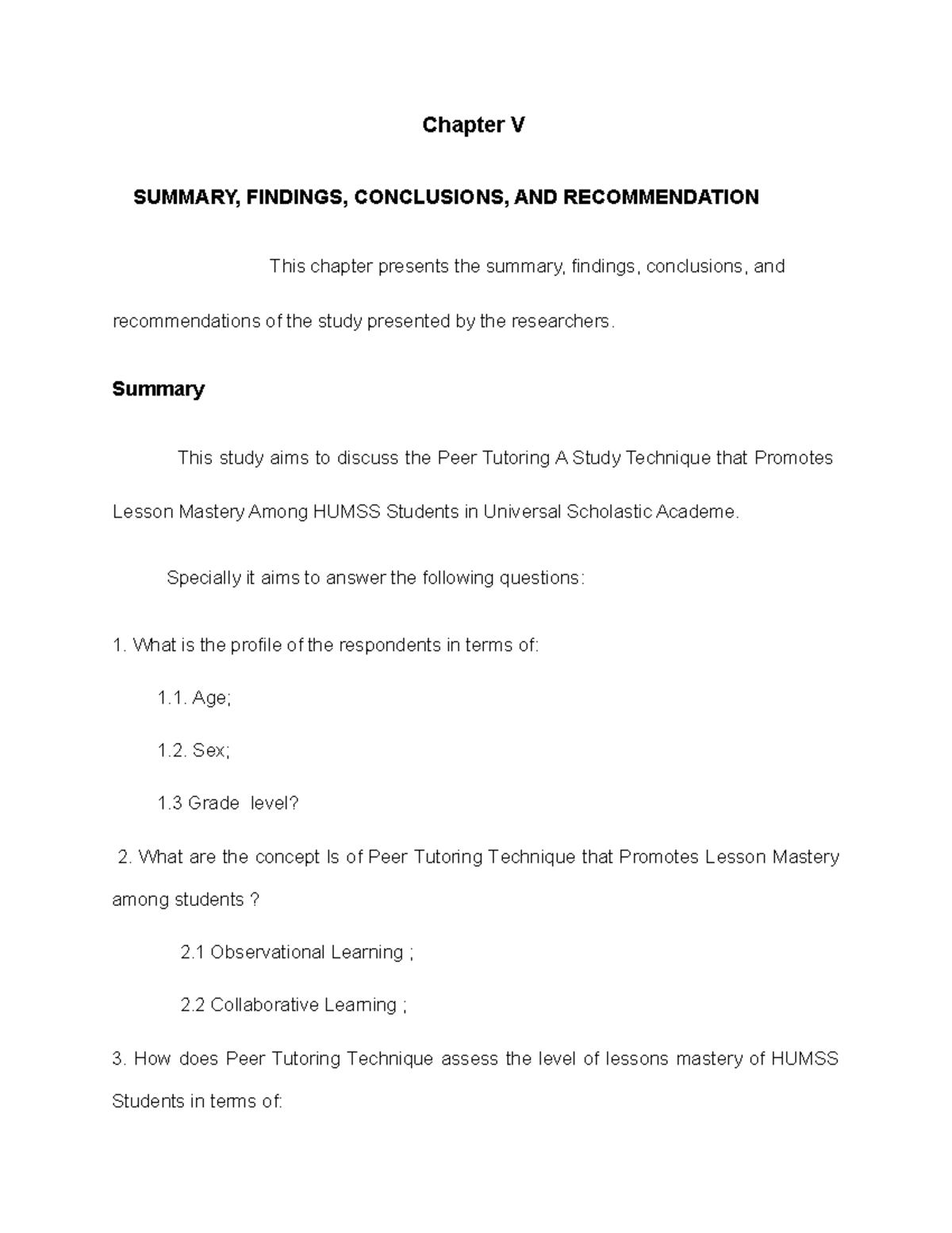 HUMSS 101 Chapter 5: Summary, Findings, & Recommendations on Peer ...
