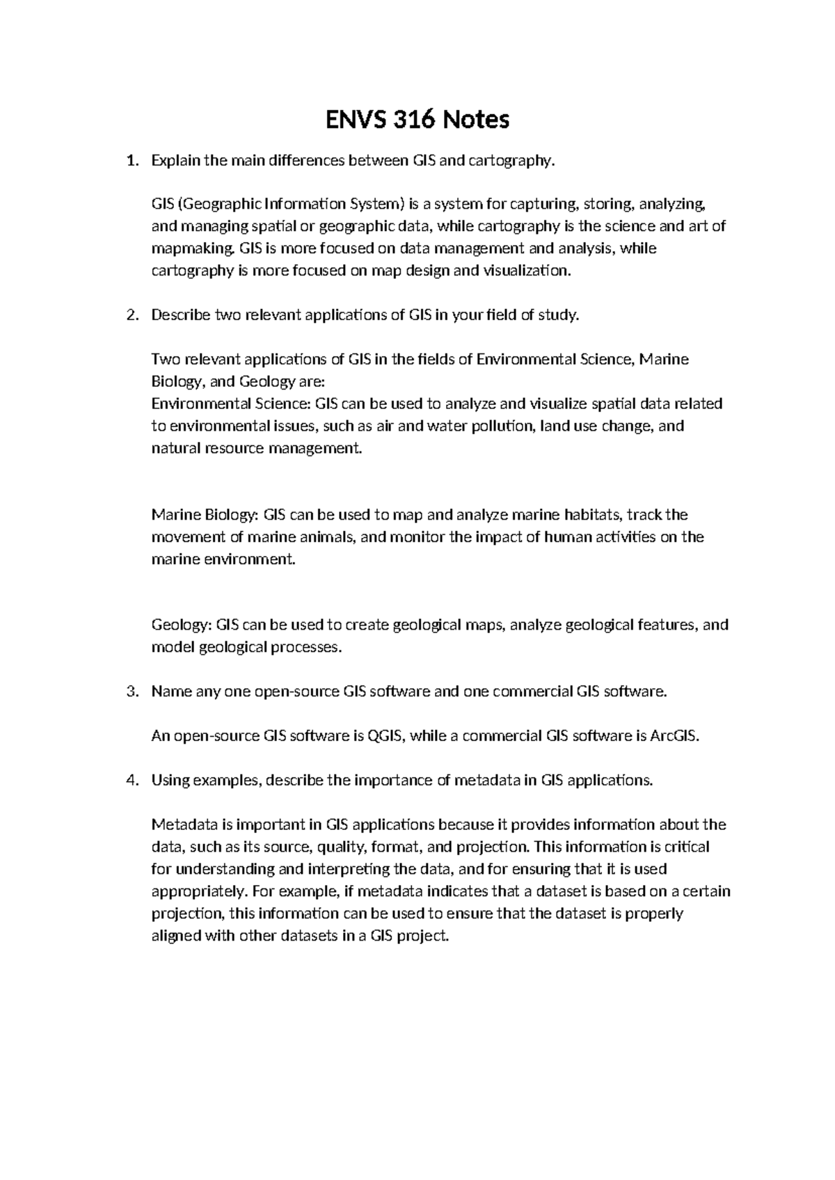 ENVS 316 Study Notes: Key Concepts for Exam Success in GIS - Studocu
