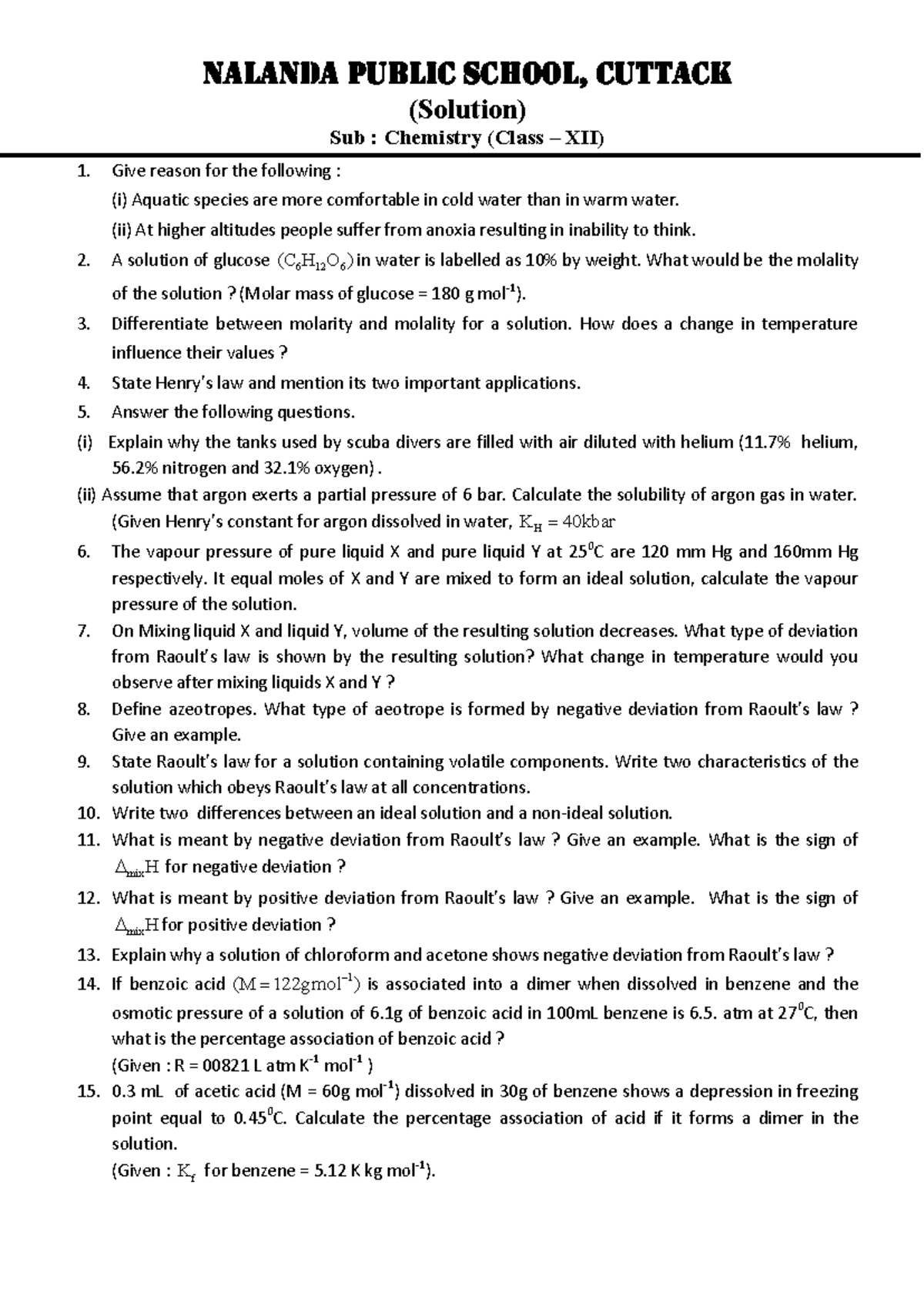 Chemistry Solutions for Class 12: Comprehensive Review Guide - Studocu