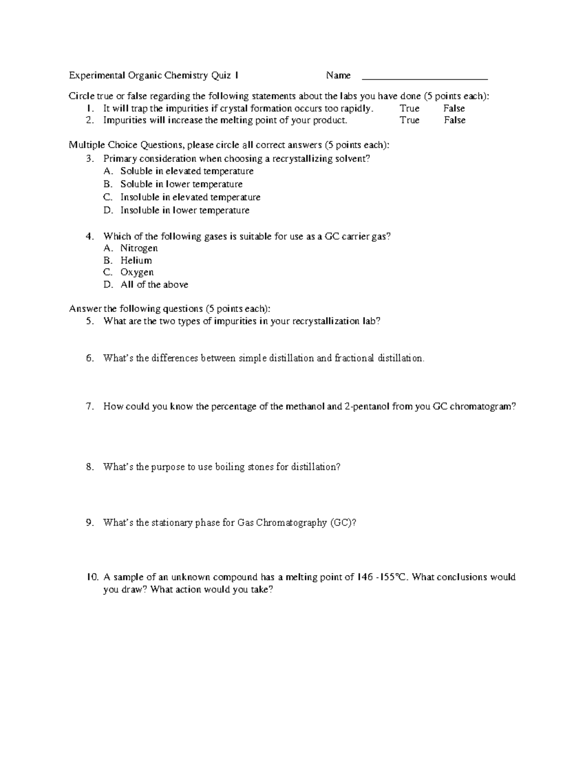 Experimental Organic Chemistry Quiz 1: True/False & MCQs - Studocu
