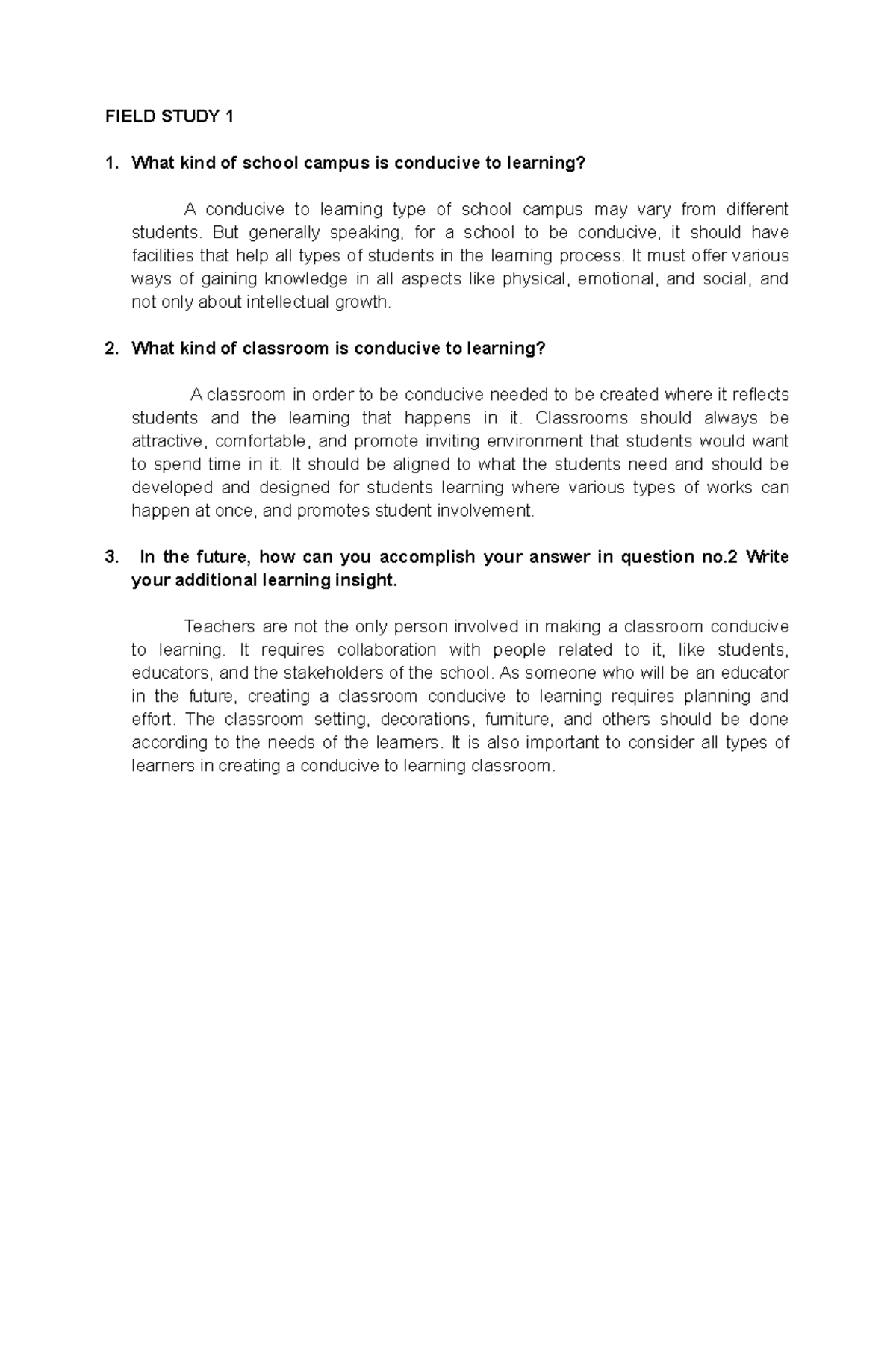 Field Study 6: Creating Conducive Learning Environments - Studocu