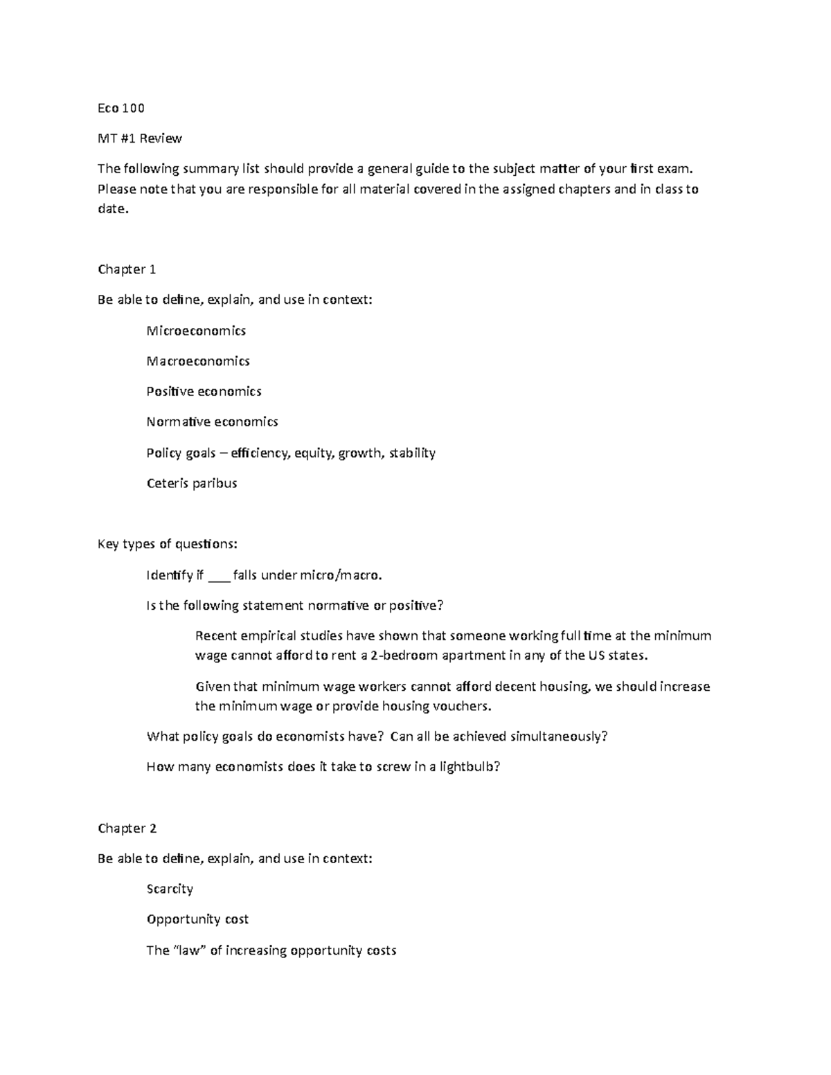 Eco 100 MT1 Review - Comprehensive Lecture Notes for Exam Prep - Studocu