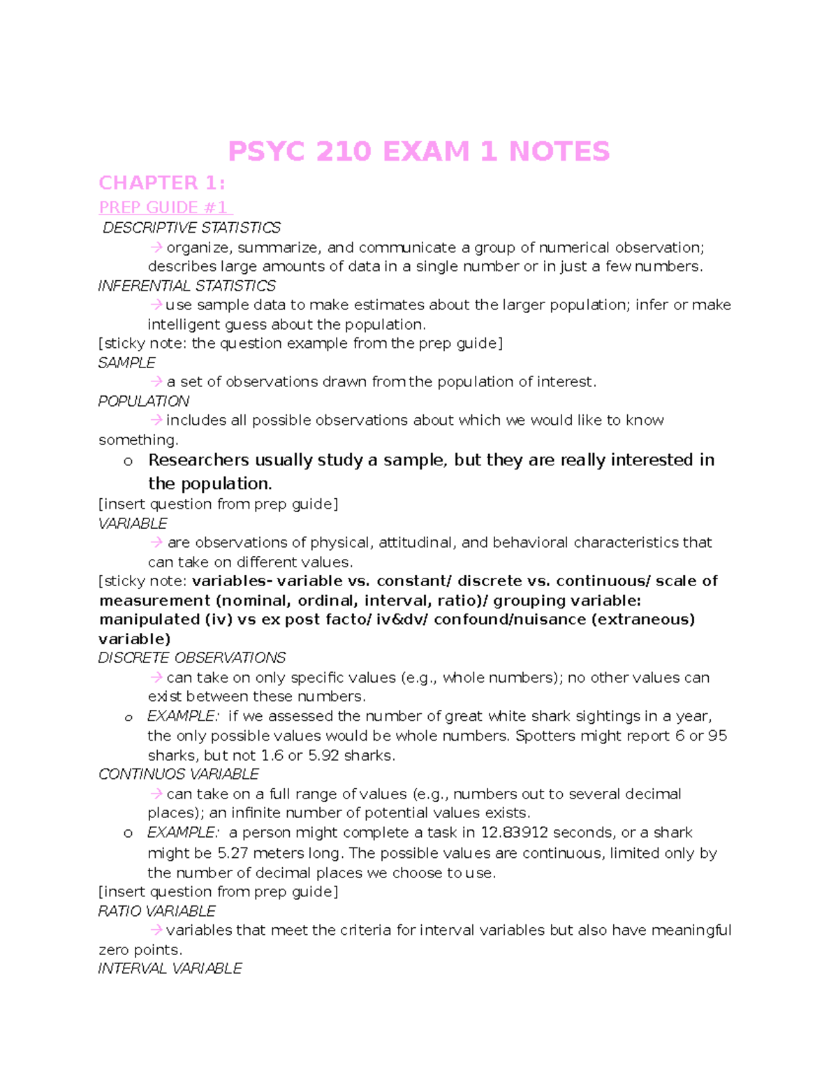 Exam 1 Study Notes - PSYC 210: Key Concepts in Statistics and Research ...