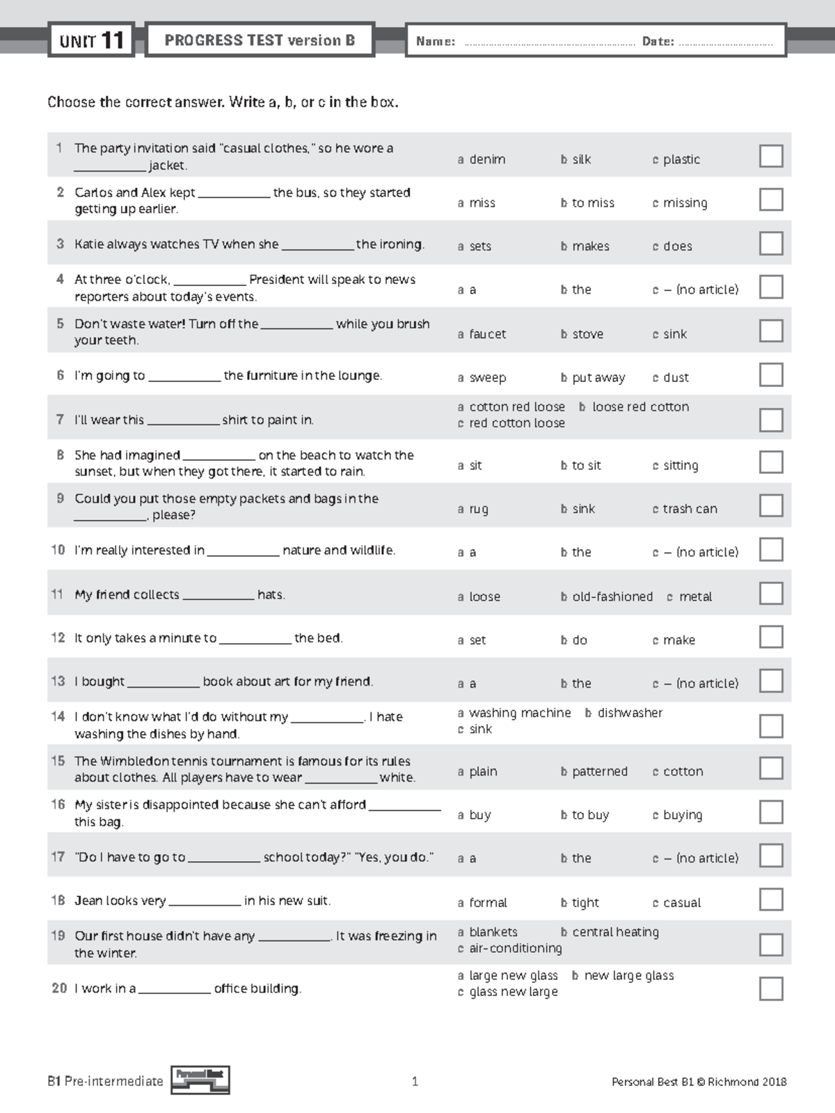 PB Am E B1 Unit Test U11 Version B: Answers & Scoring Guide - Studocu