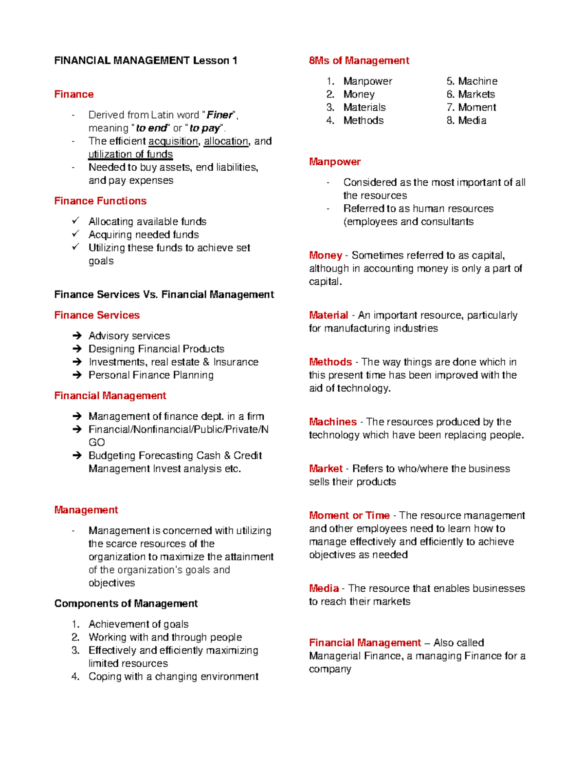 FINANCIAL MANAGEMENT Lesson 1: Overview of Finance and Management ...