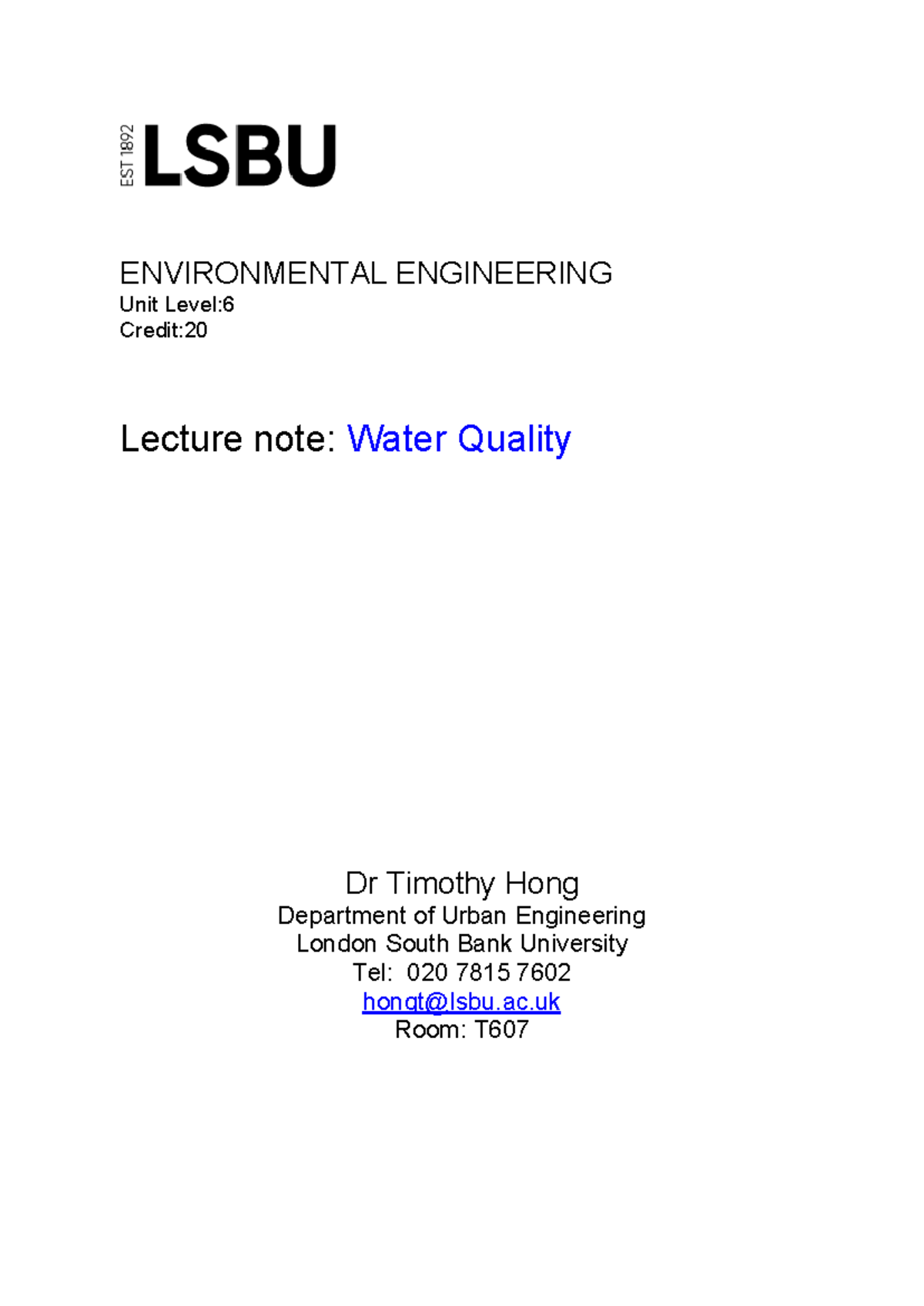 Lecture Notes (Weeks 1-2) on Water Quality in Environmental Engineering ...