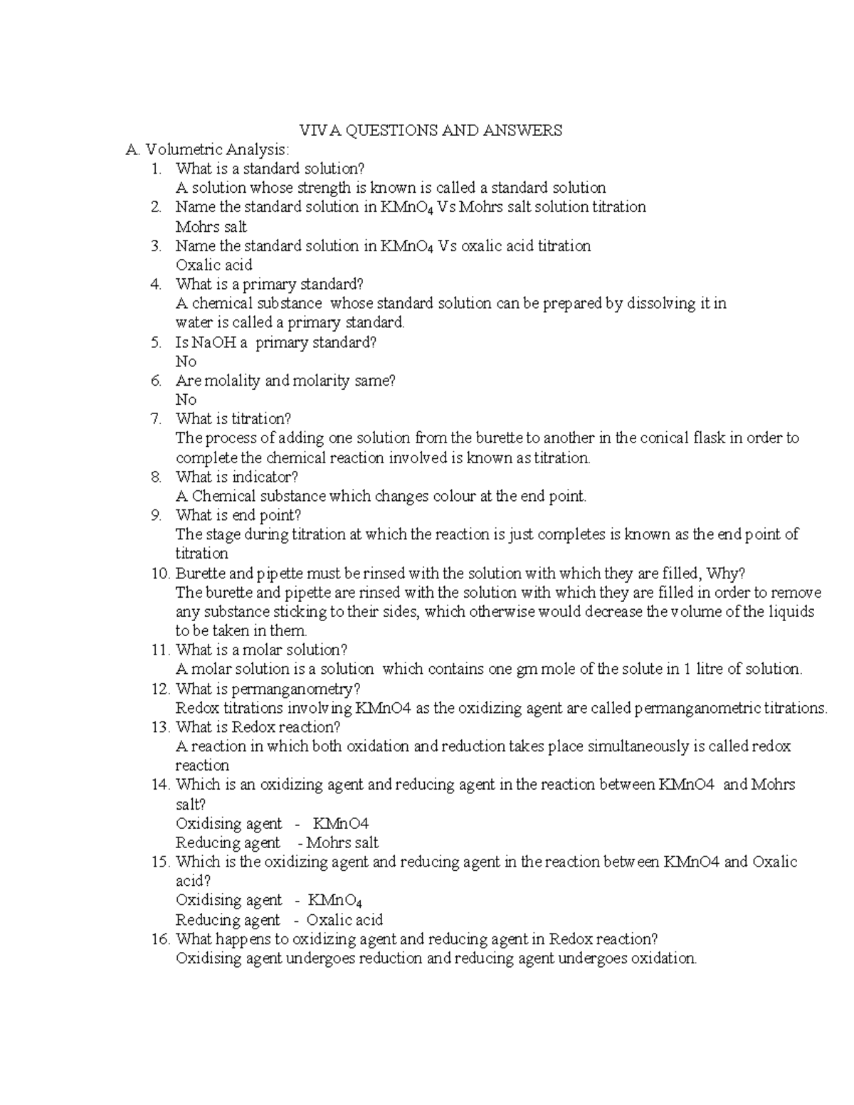 Possible viva questions - VIVA QUESTIONS AND ANSWERS A. Volumetric ...