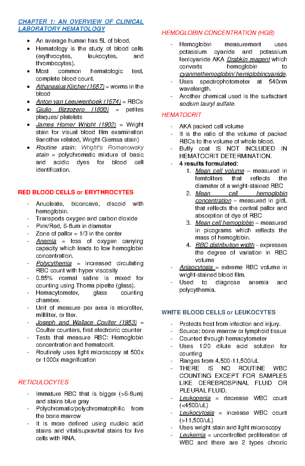 CHAPTER 1: OVERVIEW OF CLINICAL LABORATORY HEMATOLOGY (ILIDE) - Studocu