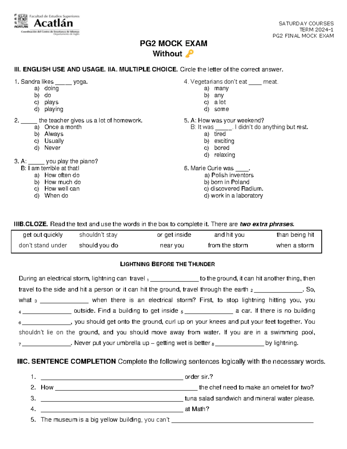 PG2 Final Exam MOCK FOR Students 2024-1 keyless - SATURDAY COURSES TERM ...