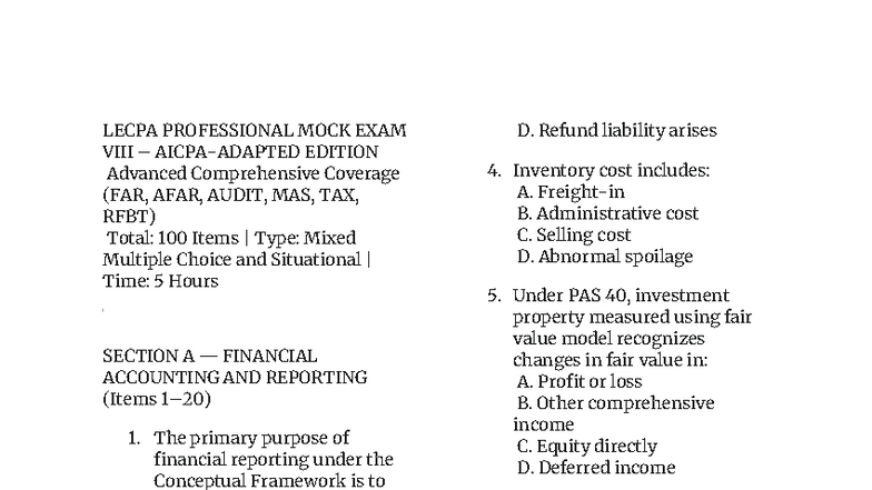 Lecpa Reviewe (100) - LECPA PROFESSIONAL MOCK EXAM VIII – AICPA-ADAPTED ...