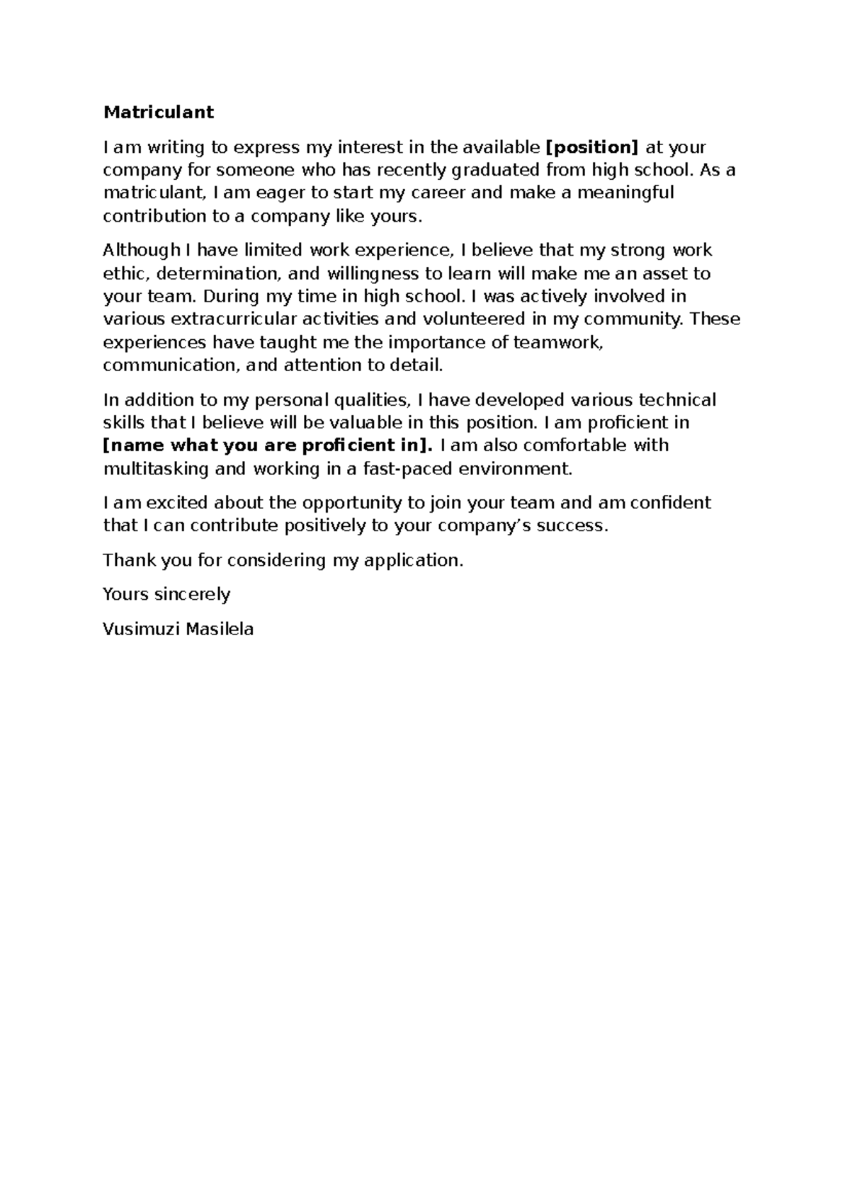 Matriculant Cover Letter for Entry-Level Position Application - Studocu