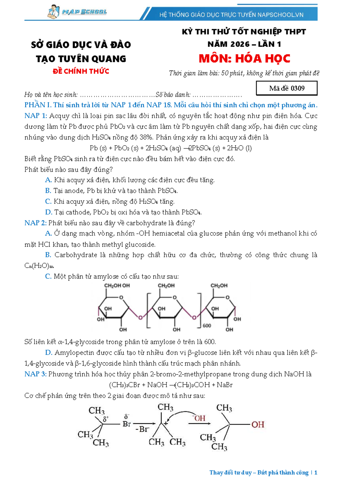 Đề Thi Thử Tốt Nghiệp THPT 2026 - Môn Hóa Học - Tuyên Quang - Đề 0309 - Document Preview