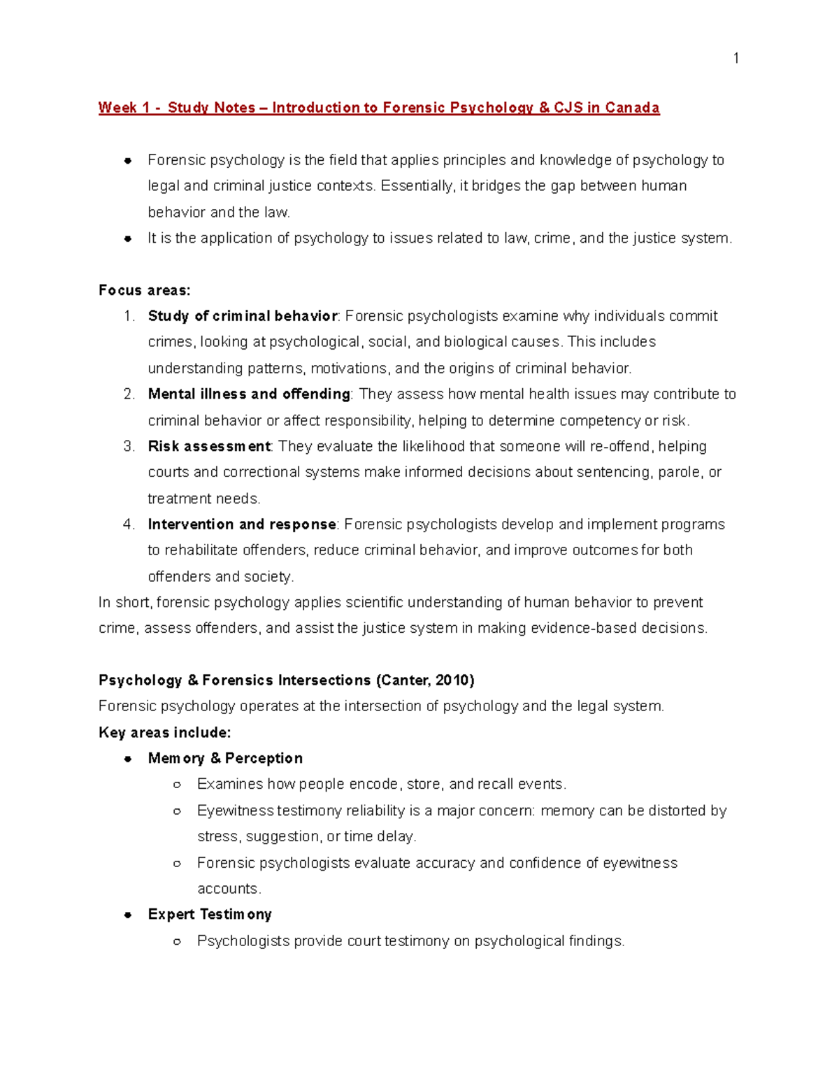 CJS 101: Week 1 Lecture Notes on Forensic Psychology in Canada - Studocu