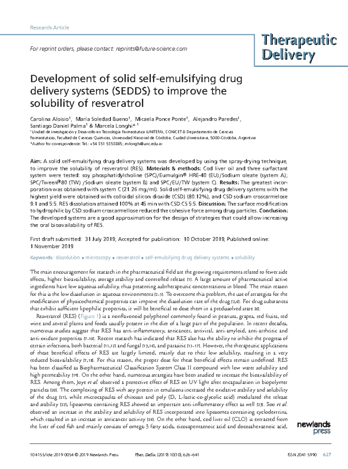 Development of Solid Drug Delivery Systems (SEDDS) for Resveratrol ...