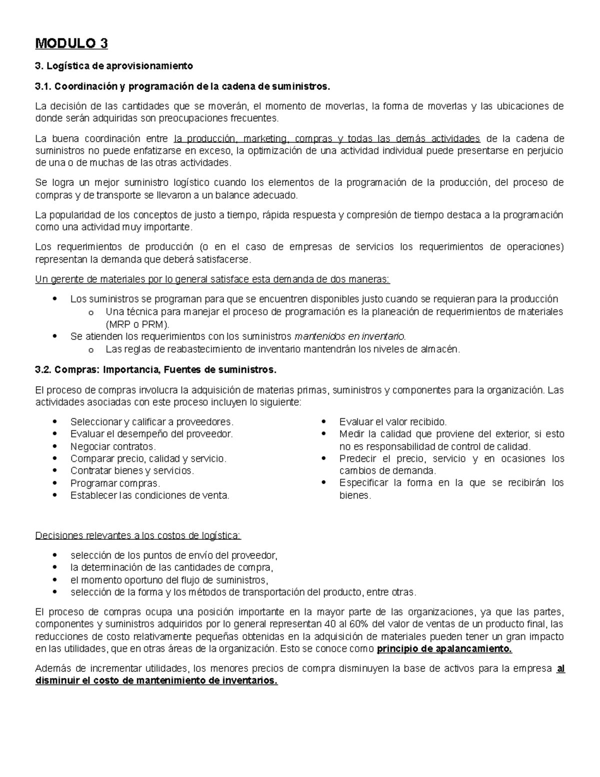 Resumen Segundo Parcial de Logística Módulo 3: Aprovisionamiento y ...
