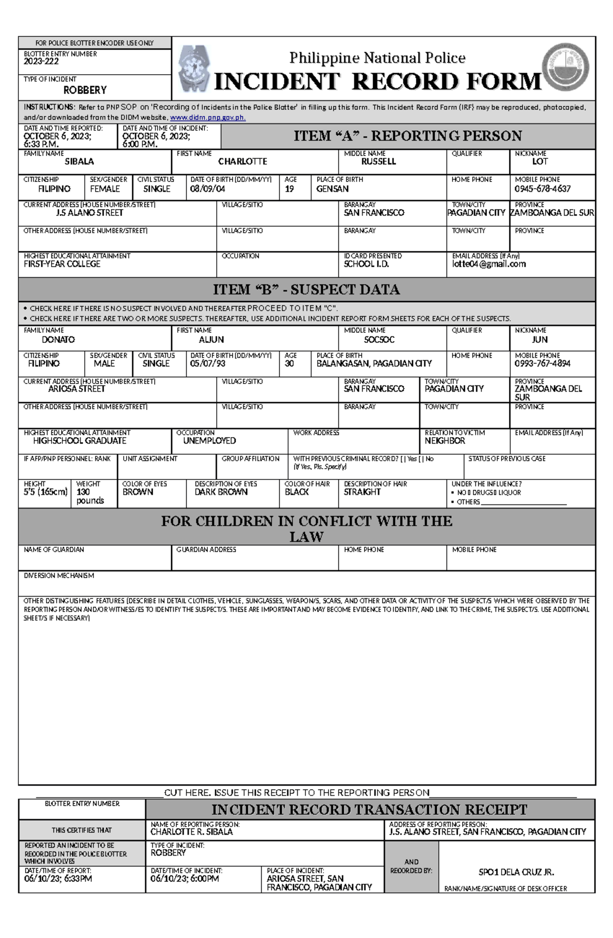 Incident Record Form for legal FOR POLICE BLOTTER ENCODER USE ONLY