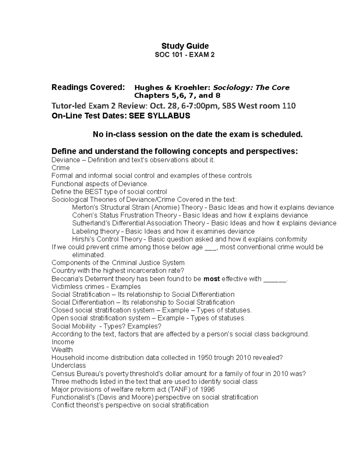 SOC 101: Final exam study guide - Study Guide SOC 101 Introduction to ...