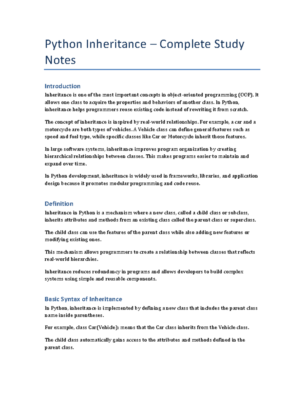 Python Inheritance Concepts and Types – Complete Study Notes - Studocu