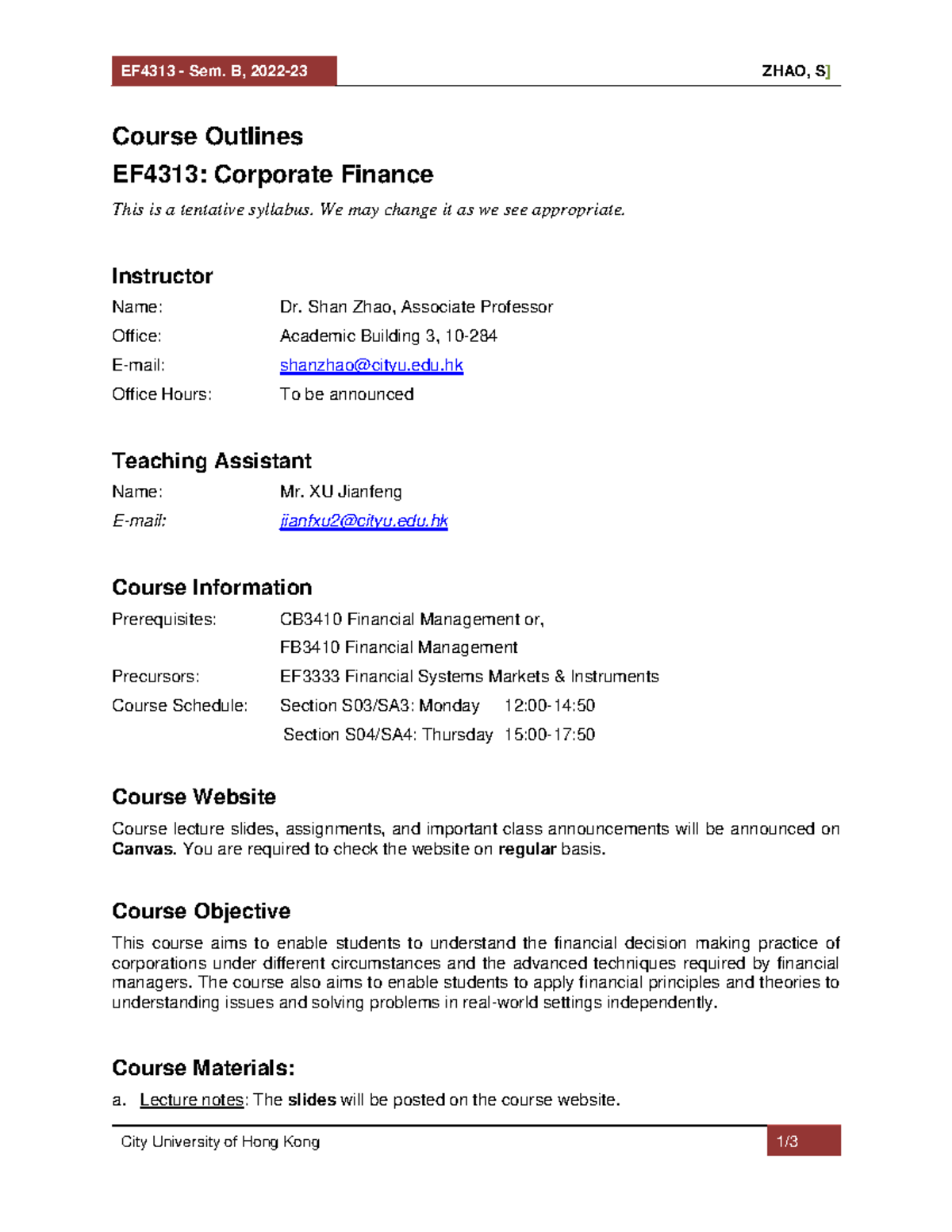 EF4313 Corporate Finance Course Outline Sem. B 2022-23 - Studocu