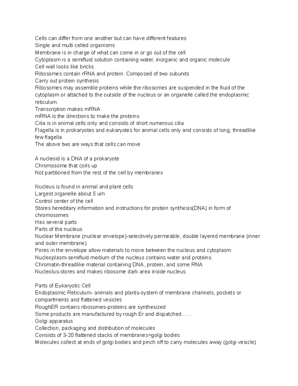 BIO101 Lecture Notes: Cell Structure & Function by Melissa Grant - Studocu