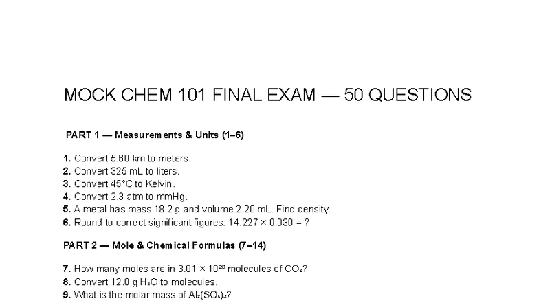 MOCK CHEM 101 FINAL EXAM PRACTICE QUESTIONS PART 1-5 - Studocu