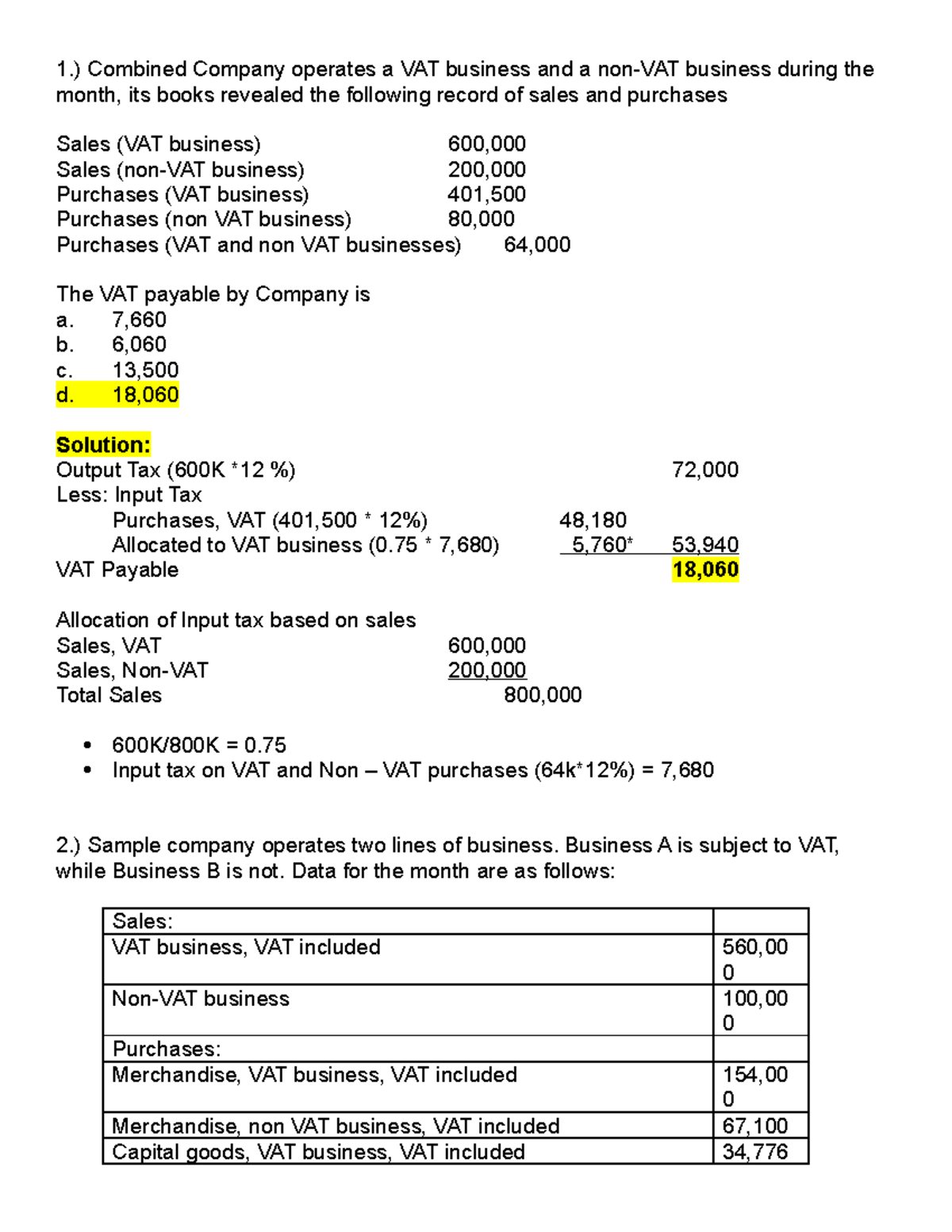 Combined Company VAT & Non-VAT Business Problem Solutions - Studocu