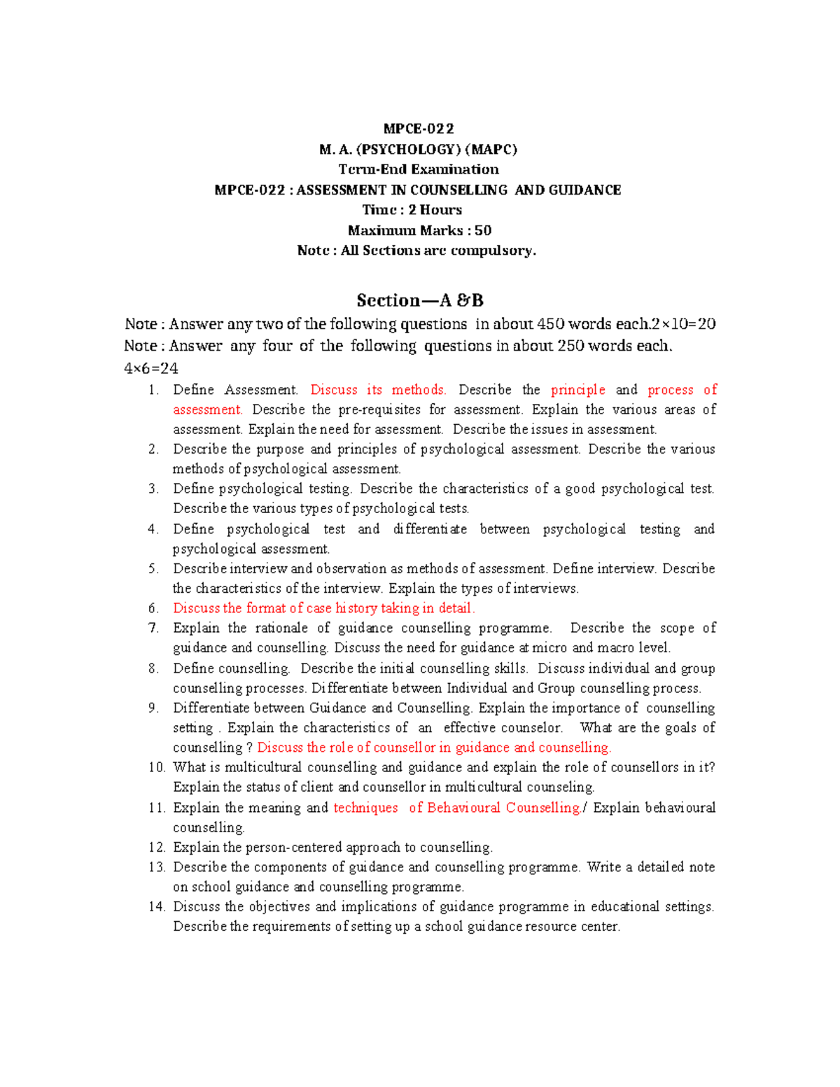 MPCE22 Important Questions for TEE: Assessment in Counseling & Guidance ...