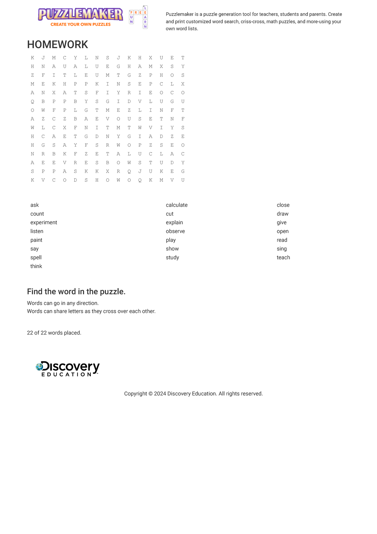 Word Search Puzzle for Homework Using Discovery Puzzlemaker Tools - Studocu
