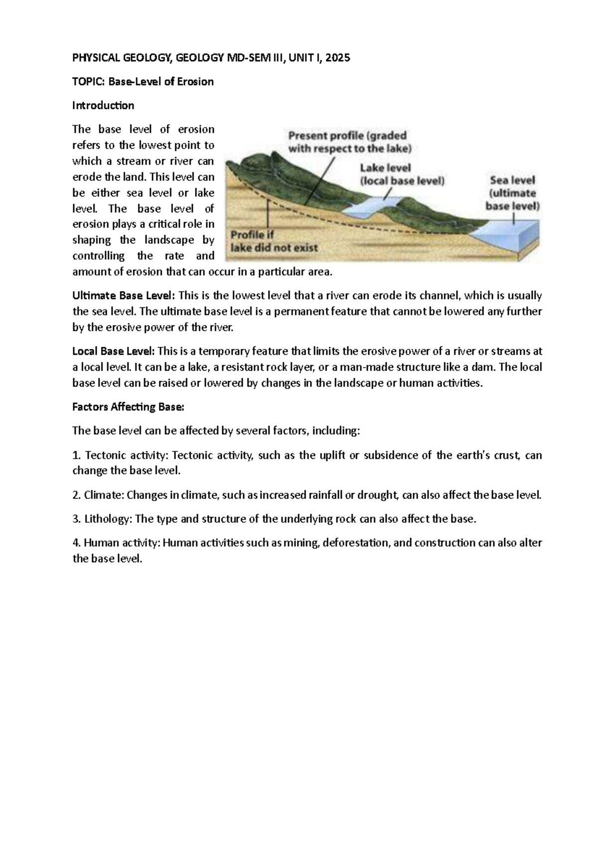 PHYSICAL GEOLOGY: Base Level of Erosion - Unit I Notes 2025 - Studocu