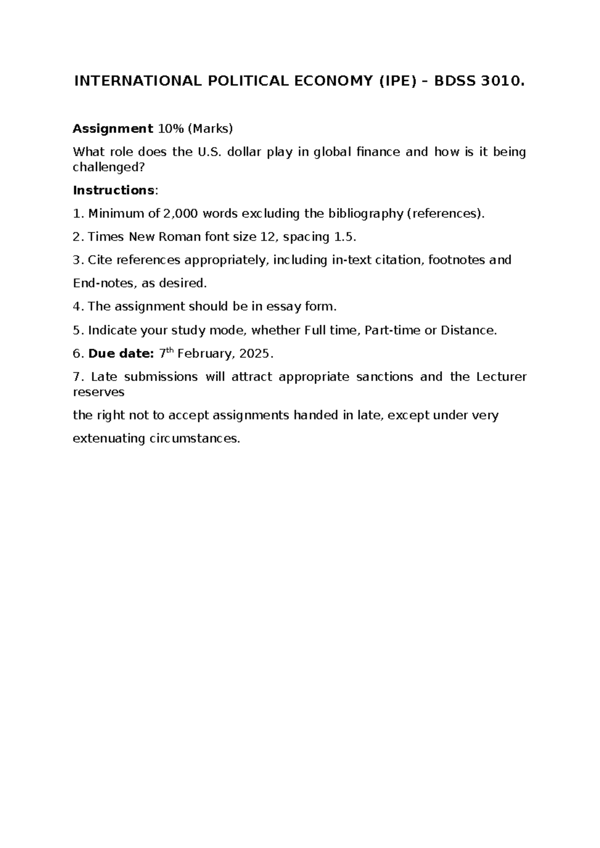 IPE BDSS 3010 Assignment: The U.S. Dollar's Role in Global Finance ...