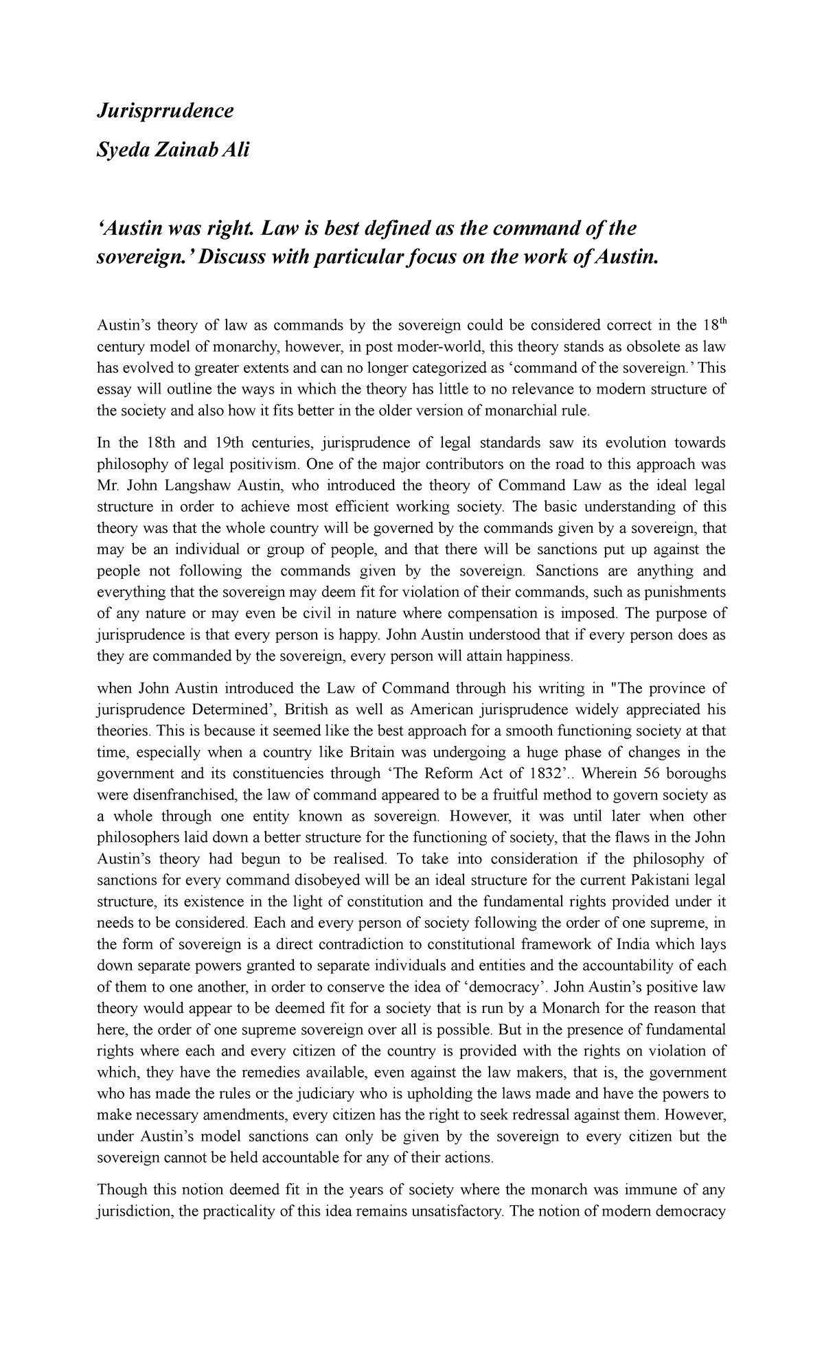 Austin's Legal Positivism: A Critical Analysis of Command Theory - Studocu