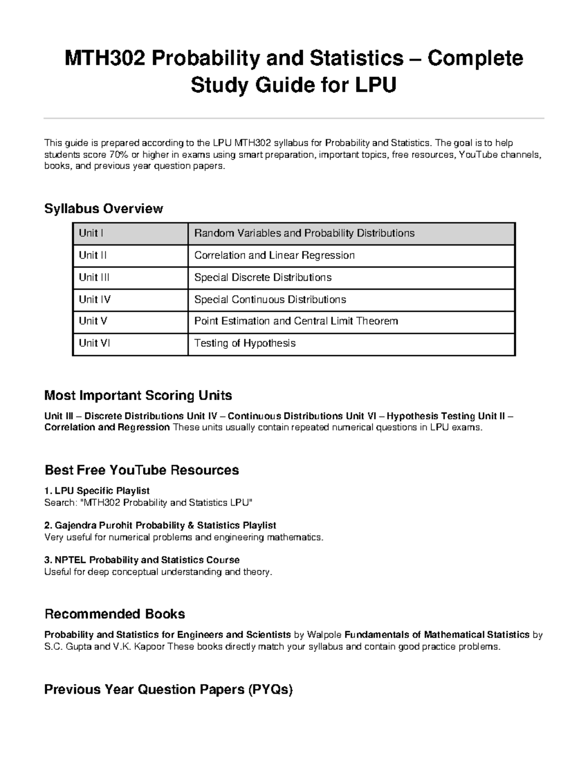 MTH302 Probability & Statistics: Complete Exam Study Guide - Studocu