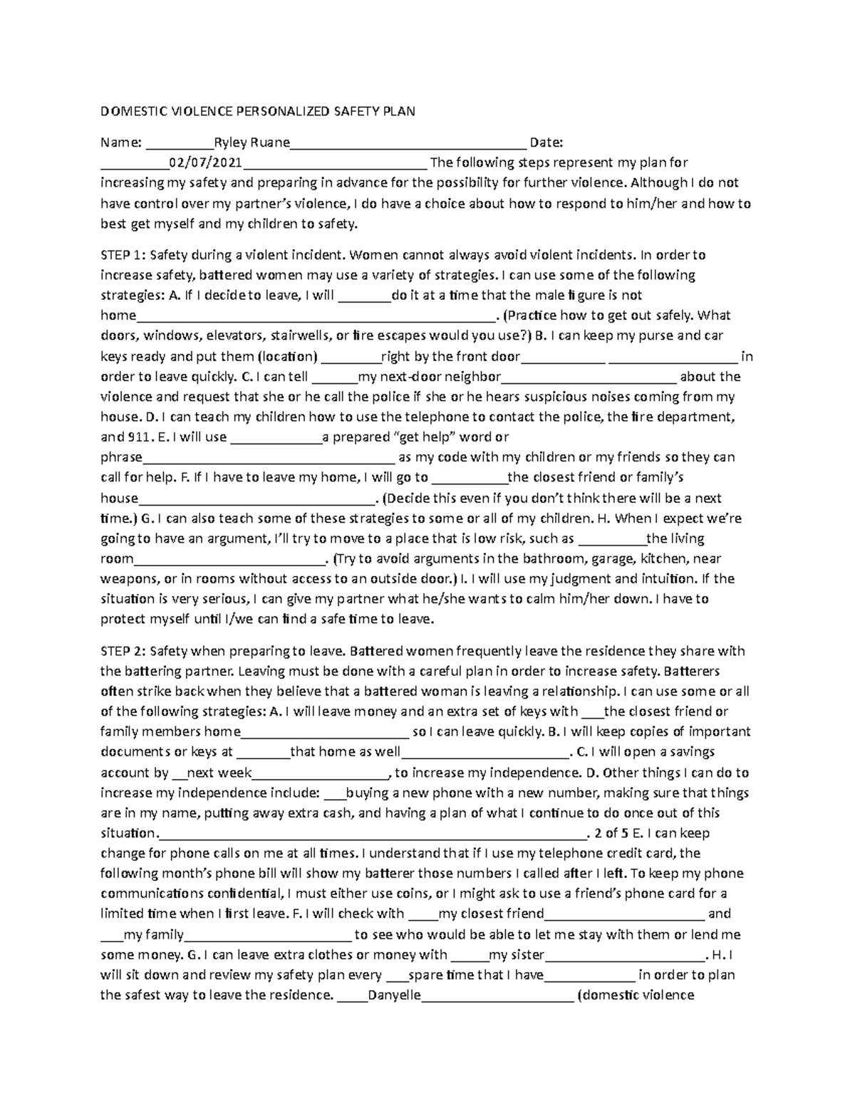 BHS-440 Domestic Violence Personalized Safety PLAN Complete - DOMESTIC ...