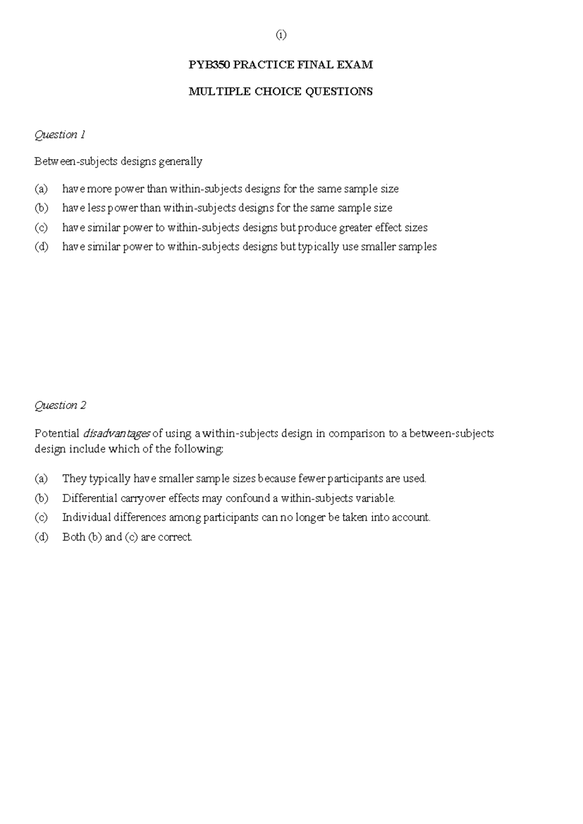 PYB350 PRACTICE FINAL EXAM - Multiple Choice Questions & Short Answers ...