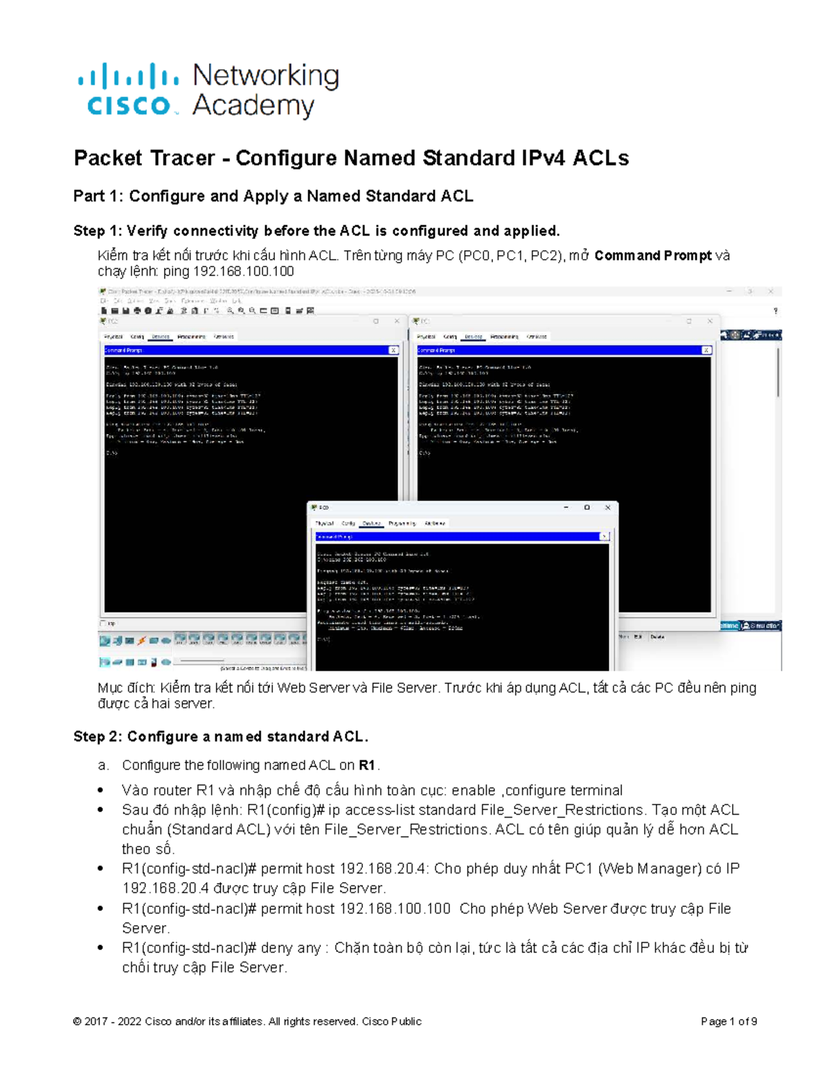 Packet Tracer - Configuring Named Standard IPv4 ACLs Guide - Studocu