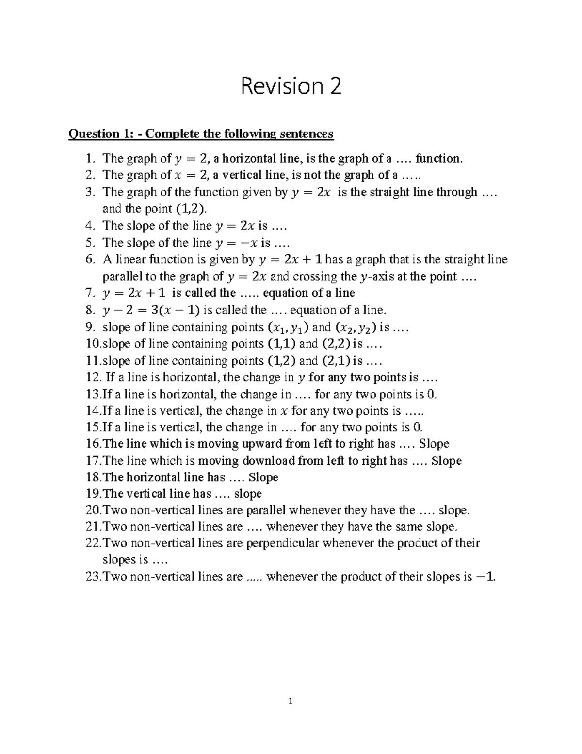 Linear Functions & Equations Revision - Course Code: MATH 101 - Studocu