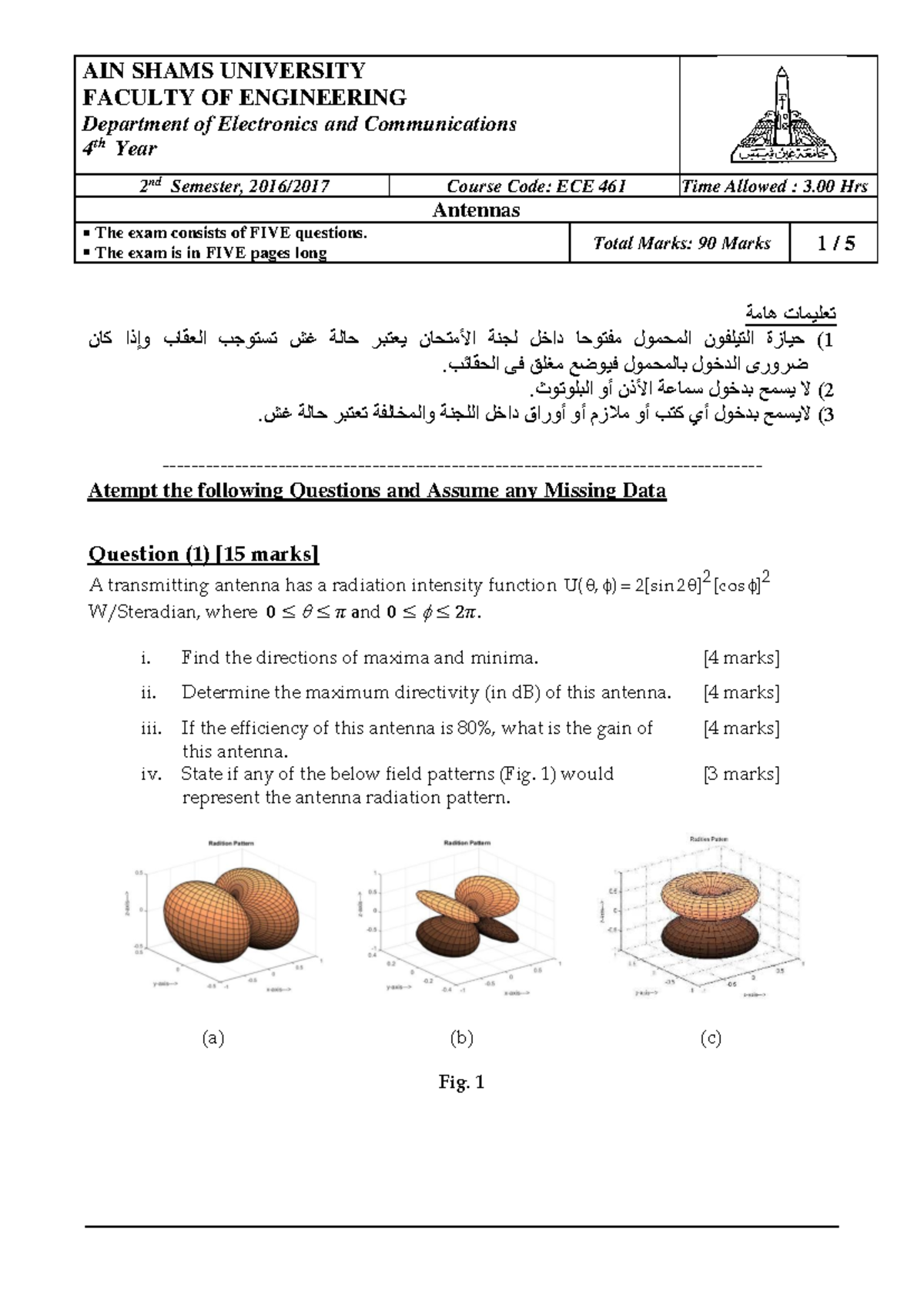 Antenna ECE 461 Final Exam - May 2017 (90 Marks) - Studocu