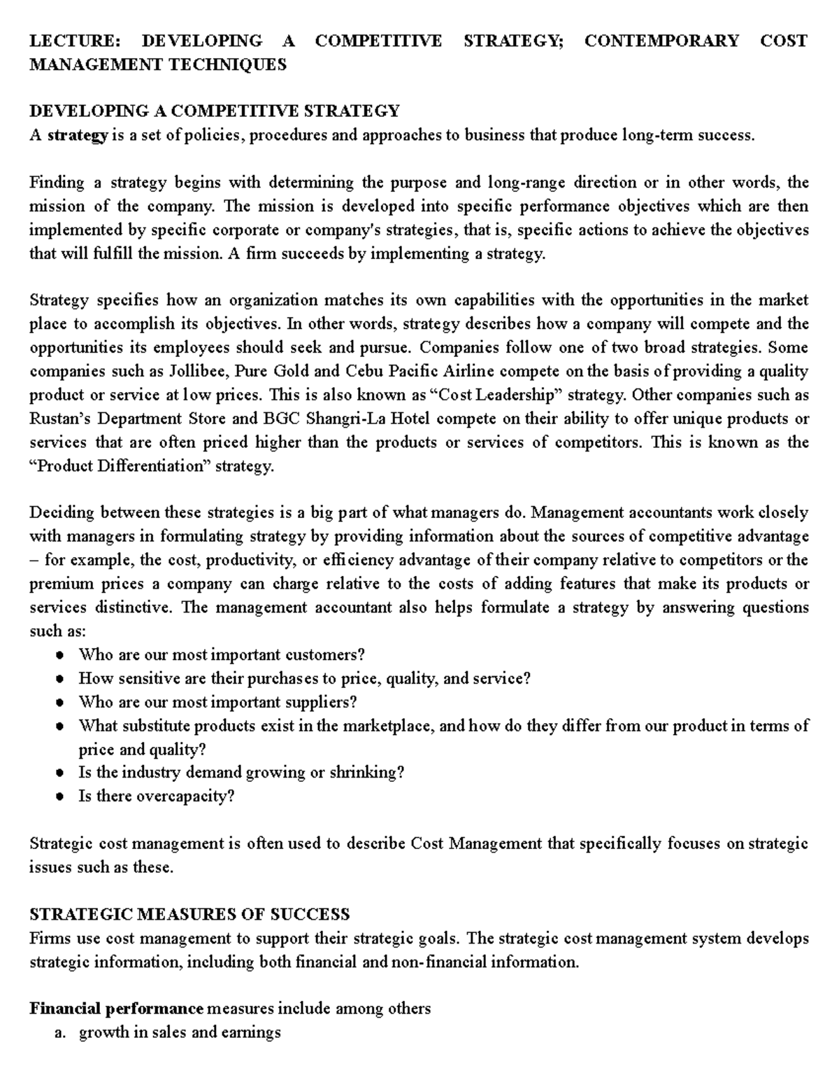 LECTURE: STRATEGIC MANAGEMENT TECHNIQUES FOR COMPETITIVE ADVANTAGE (SCM ...
