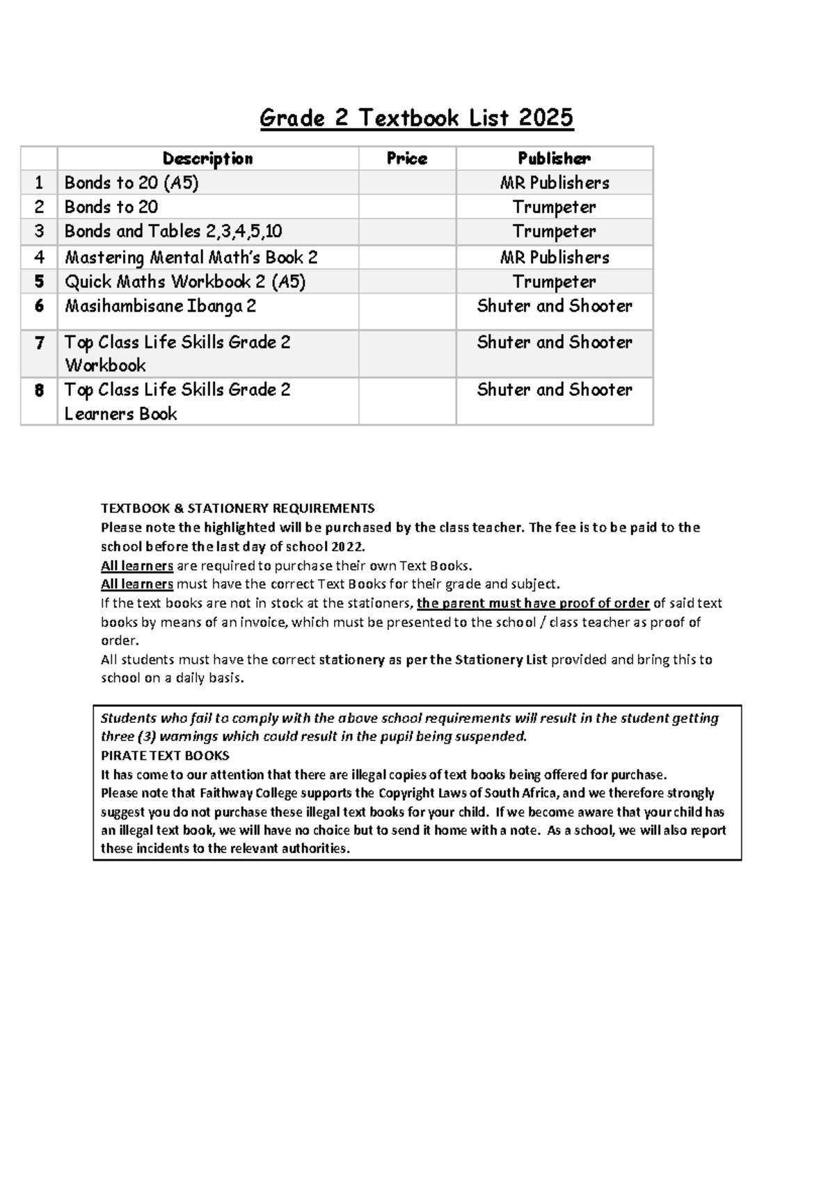 Grade 11 Textbook & Stationery List 2025 - Grade 2 Textbook List 202 5 ...