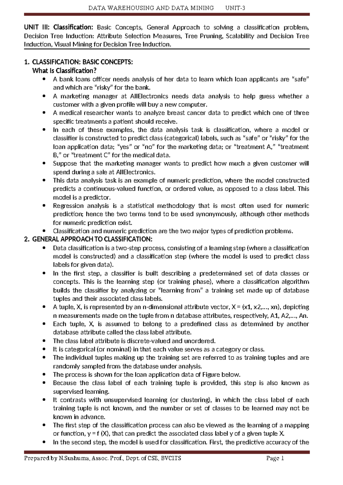 UNIT 3 DWDM(R20) CSE: Classification Concepts & Decision Tree Induction ...