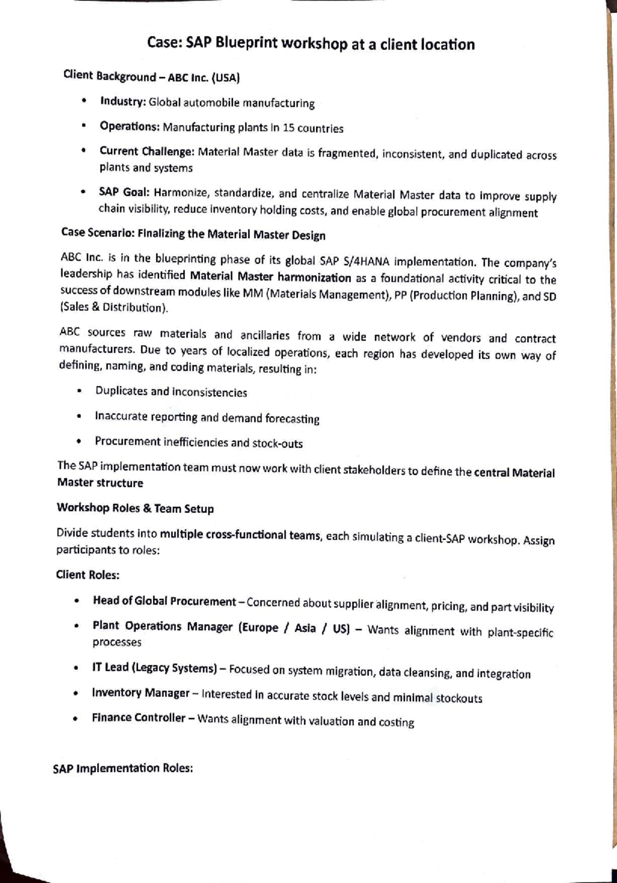 SAP Case Study: Blueprint Workshop for Material Master Harmonization ...