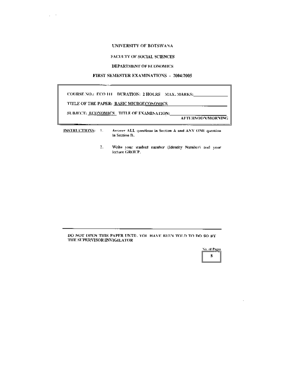 ECO111 - Basic Microeconomics First Semester Exam Past Paper - Studocu