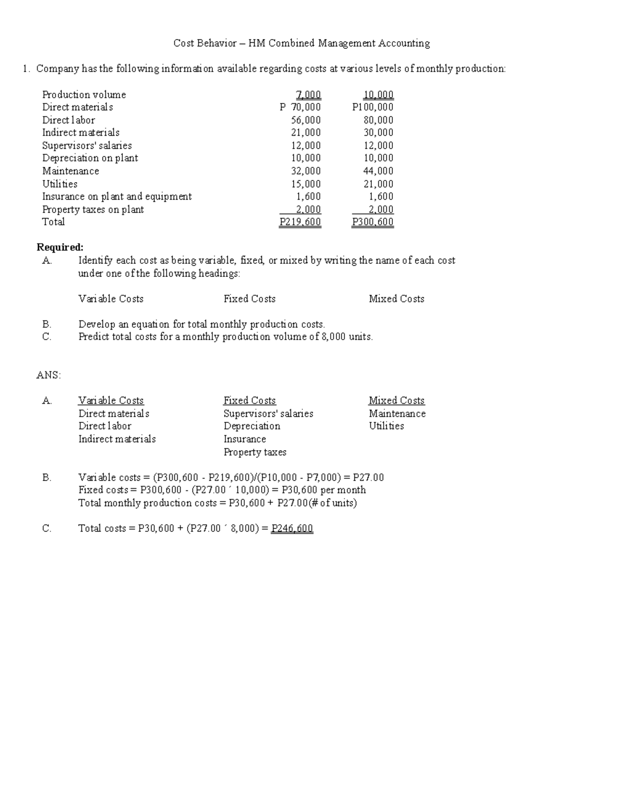 Cost Behavior Analysis - Management Accounting - HM Final Exam ...