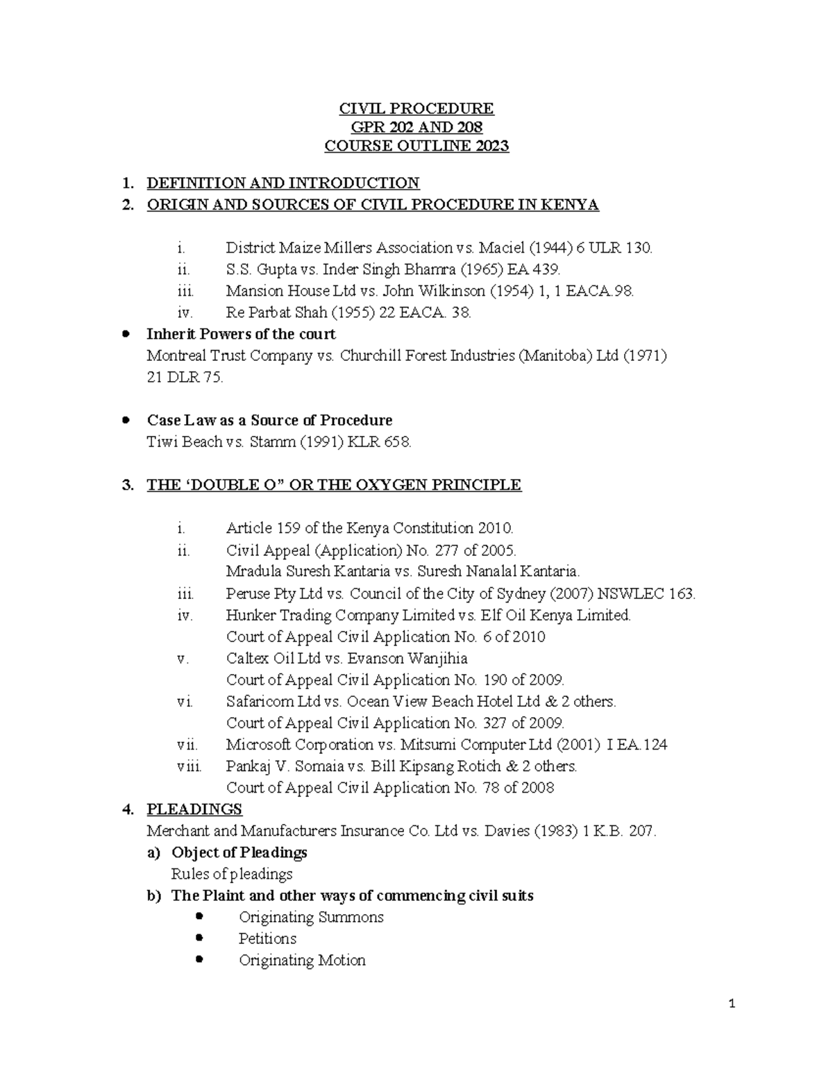 GPR 202 & 208 Civil Procedure Course Outline - 2023 Study Guide - Studocu