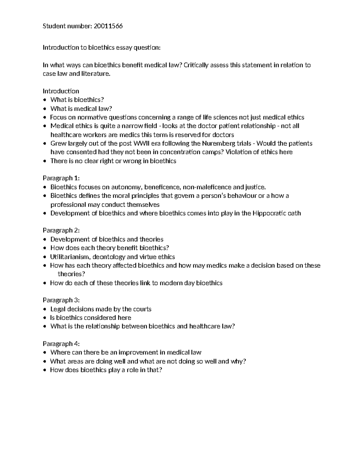 Bioethics and Medical Law: An Essay Plan for Introduction Course - Studocu