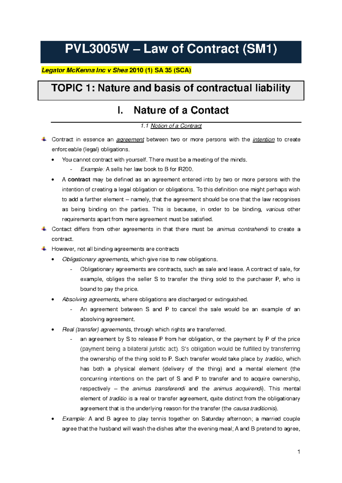 PVL3005W - Contract Law Semester 1 - Comprehensive Study Notes - Studocu
